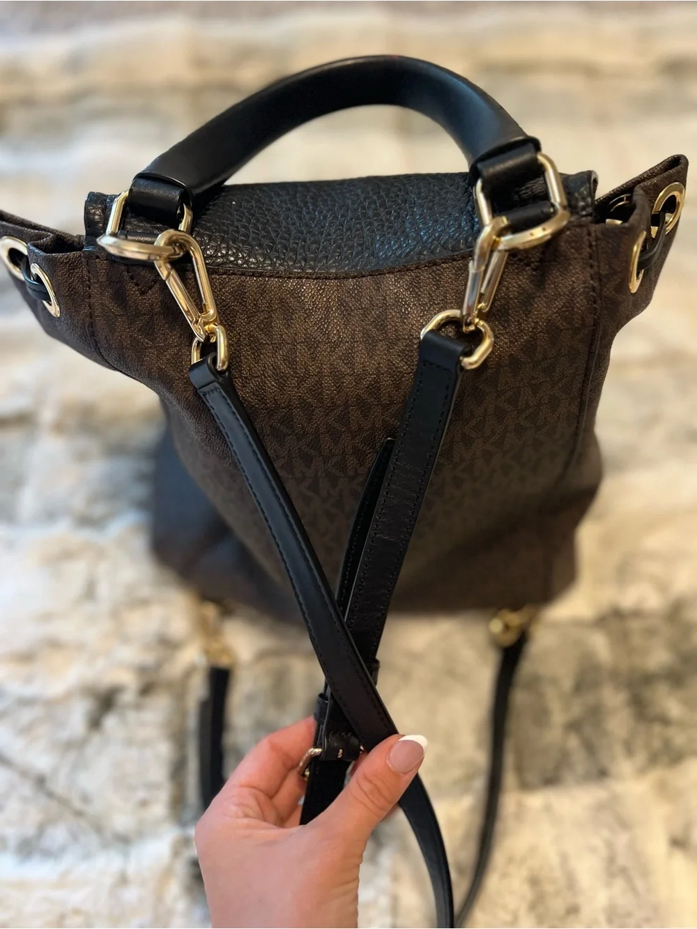 Michael Kors Brown Signature MK Canvas Backpack with Black Leather Flap